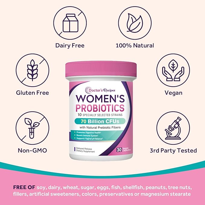 Doctor's Recipes Probiotics for Women, Organic Prebiotics and Probiotics for Digestive Health, Vaginal Health, 70 Billion CFU, 10 Strains, Shelf Stable, 30 Capsules