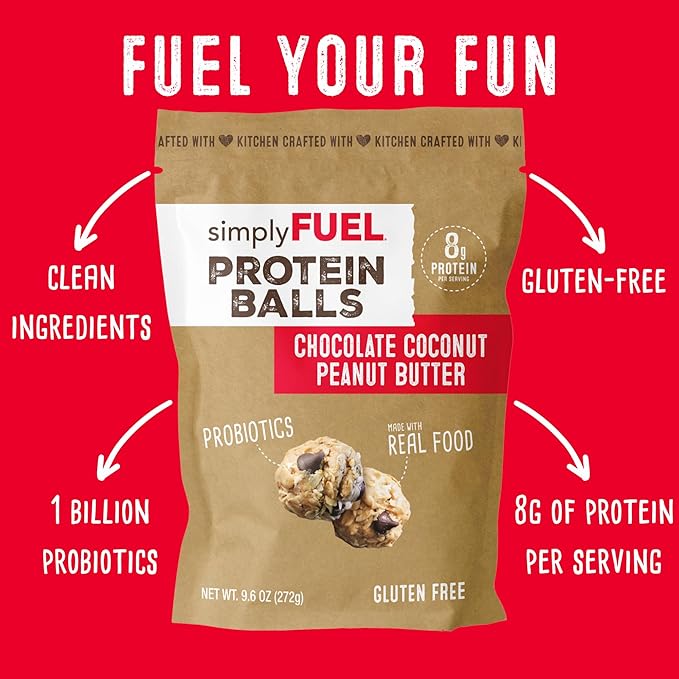 simplyFUEL Whole Food Protein Balls with Probiotics - Chocolate Coconut Peanut Butter Snacks - 8g Protein Snack - Gluten Free Energy Balls (1 Pack of 12 Balls)