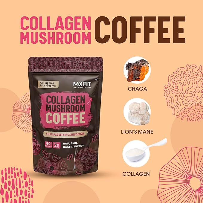 Collagen Mushroom Coffee Organic (60 Servings) Lion’s Mane, Chaga & Collagen, Mixed with Gourmet Arabica Instant Coffee | Mental Focus Boosting Coffee Plus Hair, Skin & Nails Health Support
