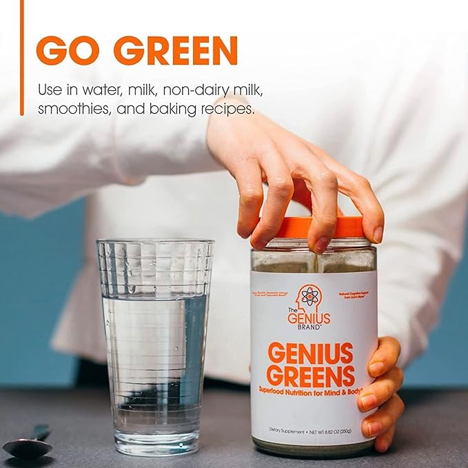 The Genius Brand - Super Greens Superfood Powder, Nootropic Supplement - Organic Spirulina Powder with Lion's Mane, Kale, Spinach & Antioxidants - Juice & Smoothie Mix for Energy, Immunity & Health