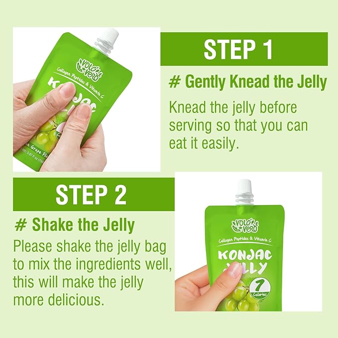 Konjac Jelly Pouch with Collagen Peptides, Low Calories (7 Kcal), Green Grape Flavor, 10 Packs, Gluten Free, Zero Sugar, Keto, Drinkable Vitamin C Sweet Healthy Fruit Snacks Gifts