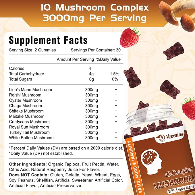 2 Pack Mushroom Gummies Supplement, 10 60ct
