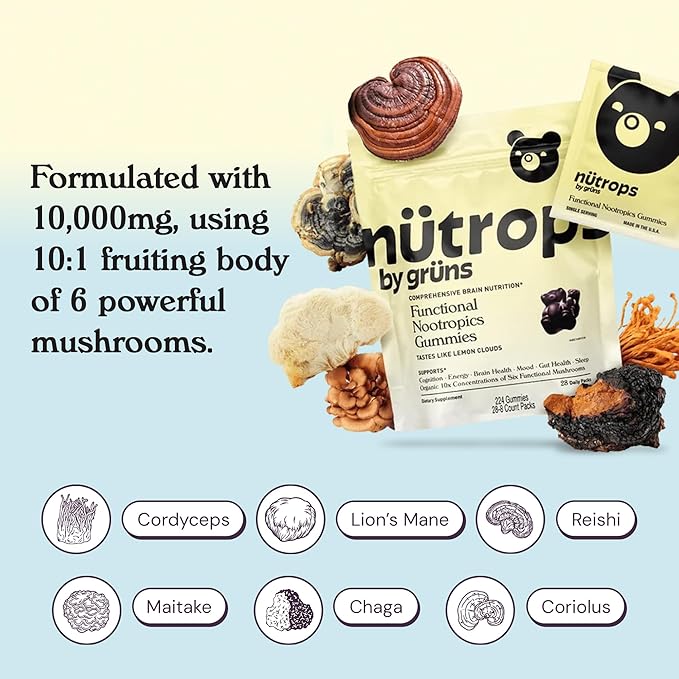 Nutrops Sugar-Free Lions Mane Mushroom Gummies for Adults, Functional Nootropics, Herbal Brain Supplement for Energy, Brain Health, Cognitive, Memory & Focus, Reishi, Chaga, Cordyceps - 28 Day Supply