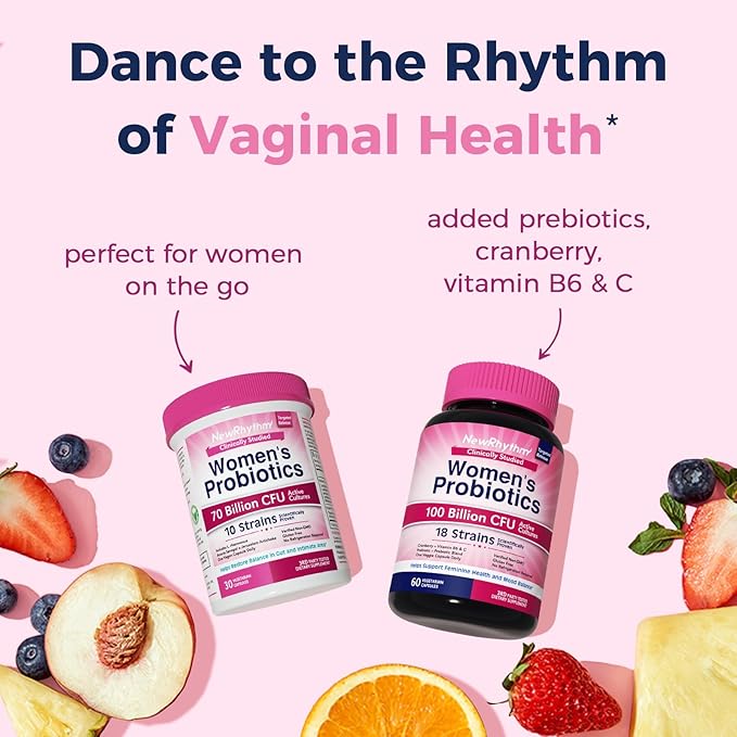 NewRhythm Women's Probiotics, Organic Prebiotics, 70 Billion CFU 10 Strains, Vaginal Probiotics for Urinary & Digestive Health, 30 Vegan Capsules, No Bloating
