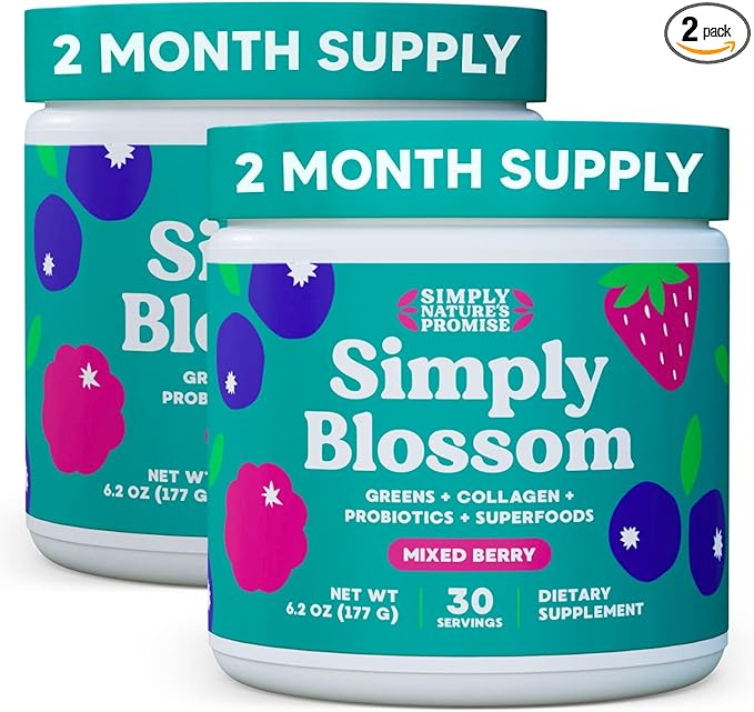Simply Nature's Promise Blossom Nutrition - Daily Greens & Superfood Powder + Collagen + Probiotics for Women's Digestive Health & Bloating Relief. Help Your Health Bloom - 2 Month Supply