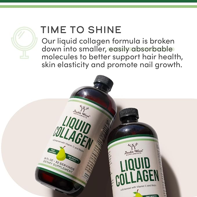 Double Wood Supplements Liquid Collagen - 2500mg of Hydrolyzed Bovine Collagen - 32 Servings - for Women and Men - 30 mcg of Biotin - Sugar Free Pear Flavor