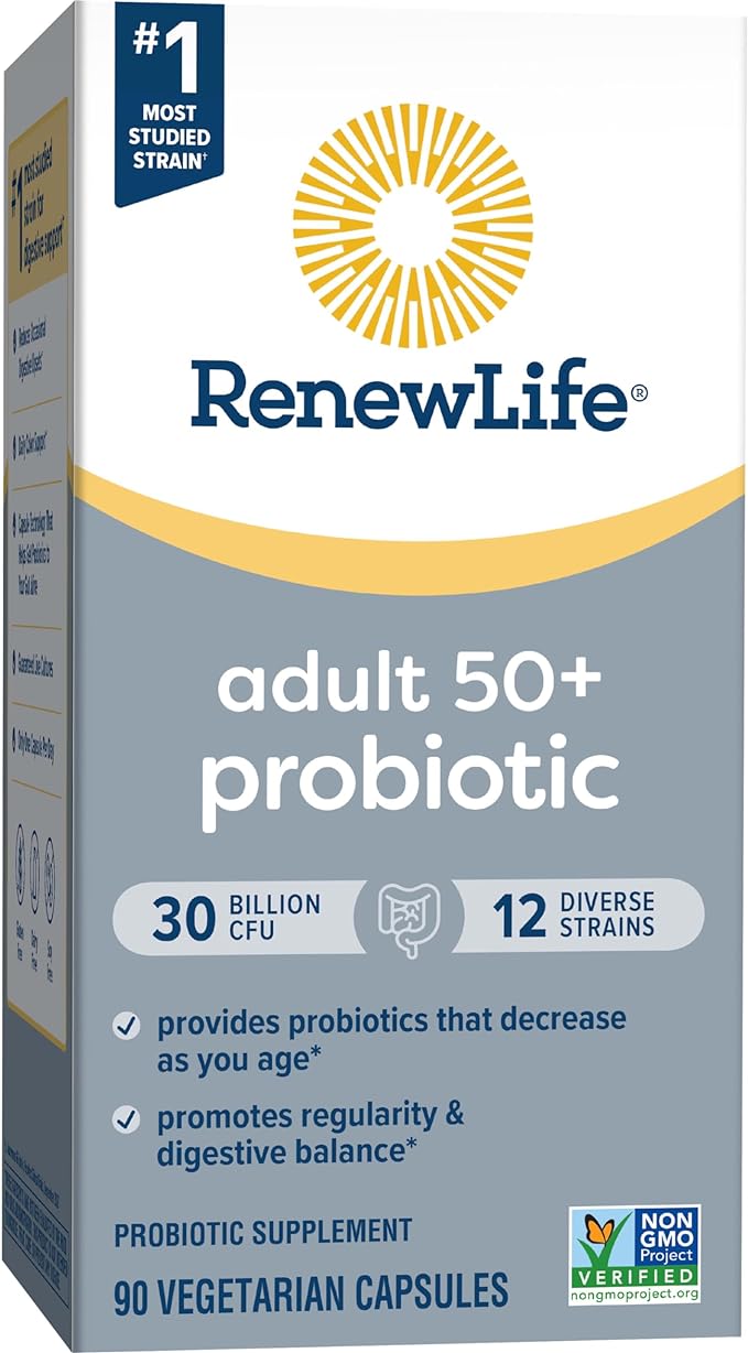 Renew Life Probiotic Adult 50 Plus Probiotic Capsules, Daily Supplement Supports Urinary, Digestive and Immune Health, L. Rhamnosus GG, Dairy, Soy and gluten-free, 30 Billion CFU, 90 Count