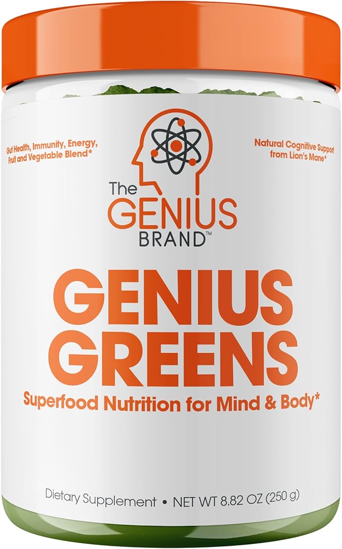 The Genius Brand - Super Greens Superfood Powder, Nootropic Supplement - Organic Spirulina Powder with Lion's Mane, Kale, Spinach & Antioxidants - Juice & Smoothie Mix for Energy, Immunity & Health