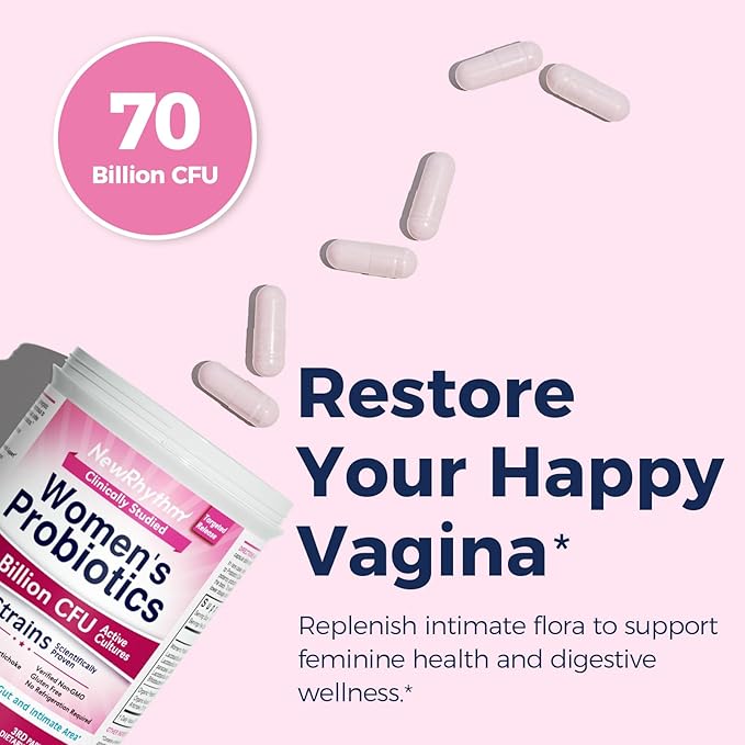 NewRhythm Women's Probiotics, Organic Prebiotics, 70 Billion CFU 10 Strains, Vaginal Probiotics for Urinary & Digestive Health, 30 Vegan Capsules, No Bloating