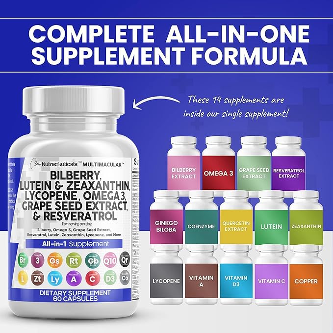 Eye Health Vitamins with Bilberry 6000mg 40mg Lycopene 40mg Resveratrol 3000mg Grape 6000mg Omega 3 4000mg 4000mg Astaxanthin 60 Capsules