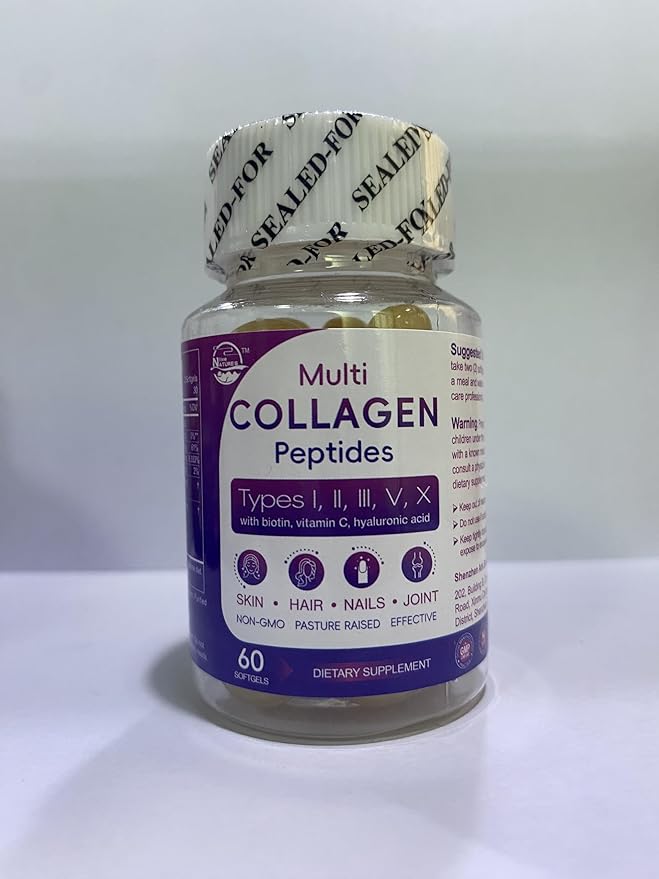 Multi Collagen Peptides Softgel - Type I, II, III, V, X - Hydrolyzed Collagen Peptides with Biotin, Vitamin C, Hyaluronic Acid, Supports Skin Hair Nail, Grass-Fed, Non-GMO, 60 Softgel, 3 Pack