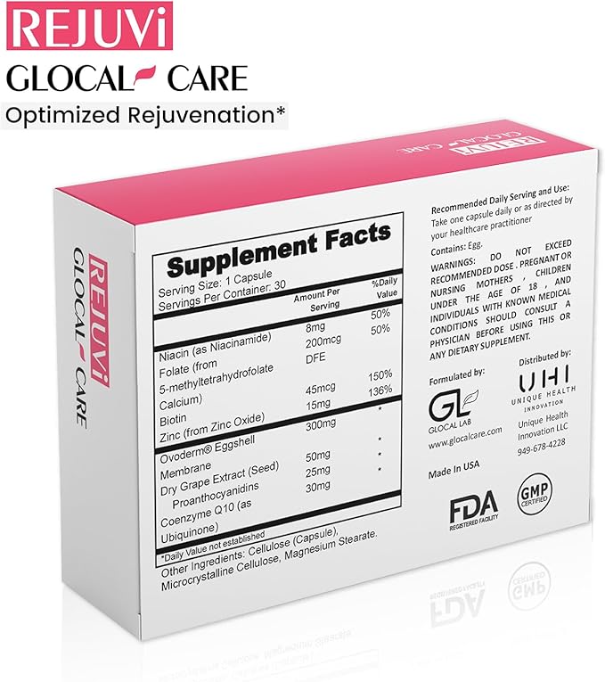 GlocalCare Rejuvi Skin Rejuvenation - Collagen Synthesis, Anti-Wrinkles with Ovoderm, Grape Seed Extract, Coenzyme Q10, Folate