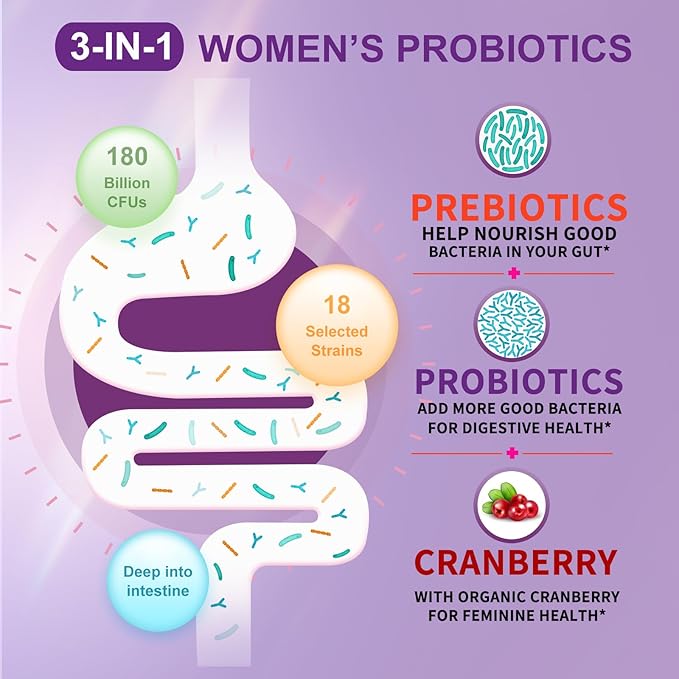 Women's Probiotic 180 Billion CFUs 18 Strains, with Organic Prebiotics, Cranberry Extract, D-Mannose & Digestive Enzymes, for Digestive, Boost Immune, PH Balance & Urethral Health, 90 Capsules