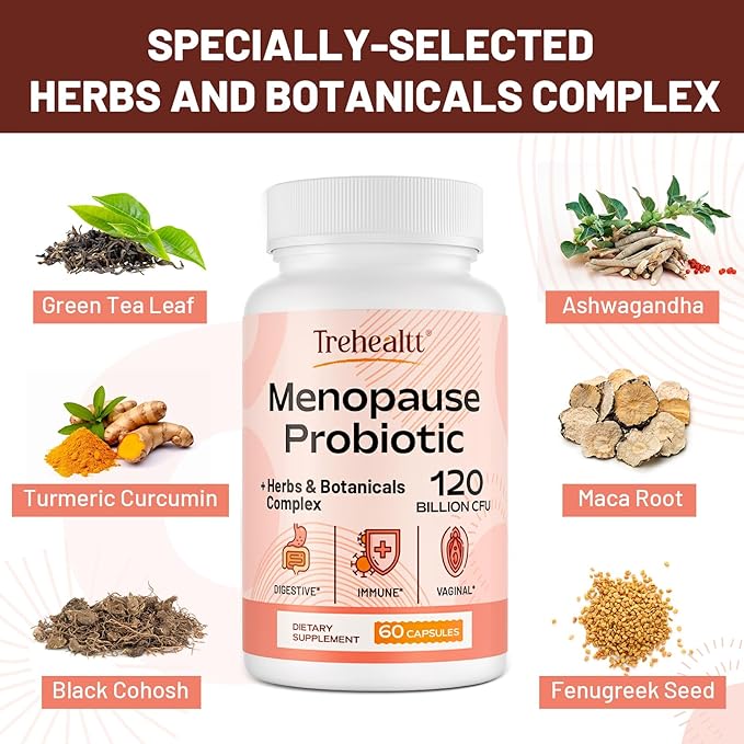 Menopause supplements for women, 120 Billion CFU Probiotic, 13-in-1 Herbs & Botanicals Complex, for Hormone Menopause, Hot Flashes, Night Sweats, Mood Swings, Sleep Disturbances, Vegan, 5Packs