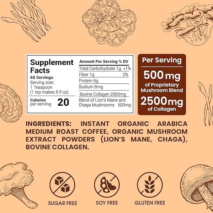 Collagen Mushroom Coffee Organic (60 Servings) Lion’s Mane, Chaga & Collagen, Mixed with Gourmet Arabica Instant Coffee | Mental Focus Boosting Coffee Plus Hair, Skin & Nails Health Support