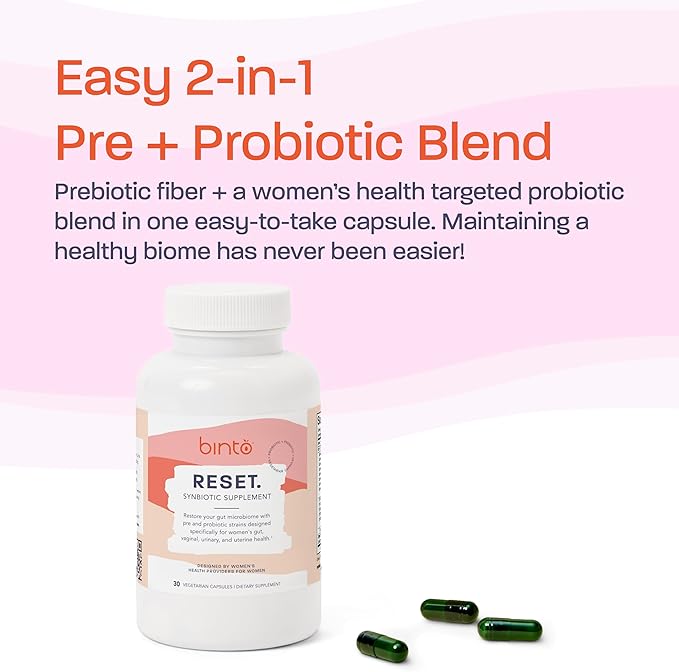 Binto Reset Synbiotic Advanced Pre and Probiotic Supplement for Women - Supports Digestive Health, Boosts Immunity, and Promotes a Healthy Balance of Gut Flora (30-Day Supply)