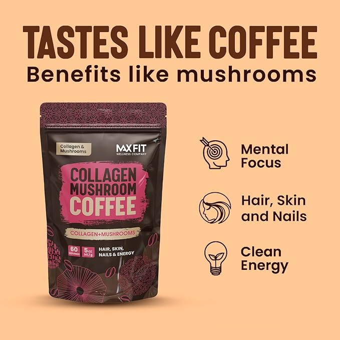 Collagen Mushroom Coffee Organic (60 Servings) Lion’s Mane, Chaga & Collagen, Mixed with Gourmet Arabica Instant Coffee | Mental Focus Boosting Coffee Plus Hair, Skin & Nails Health Support