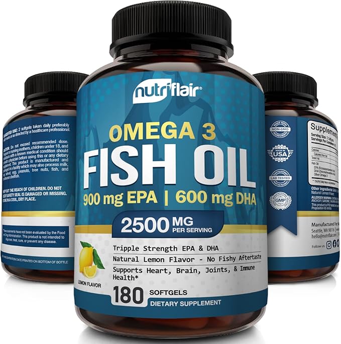 NutriFlair Omega-3 Fish Oil Supplement 2500mg - 900mg EPA 600mg DHA 90 Servings -180 Lemon
