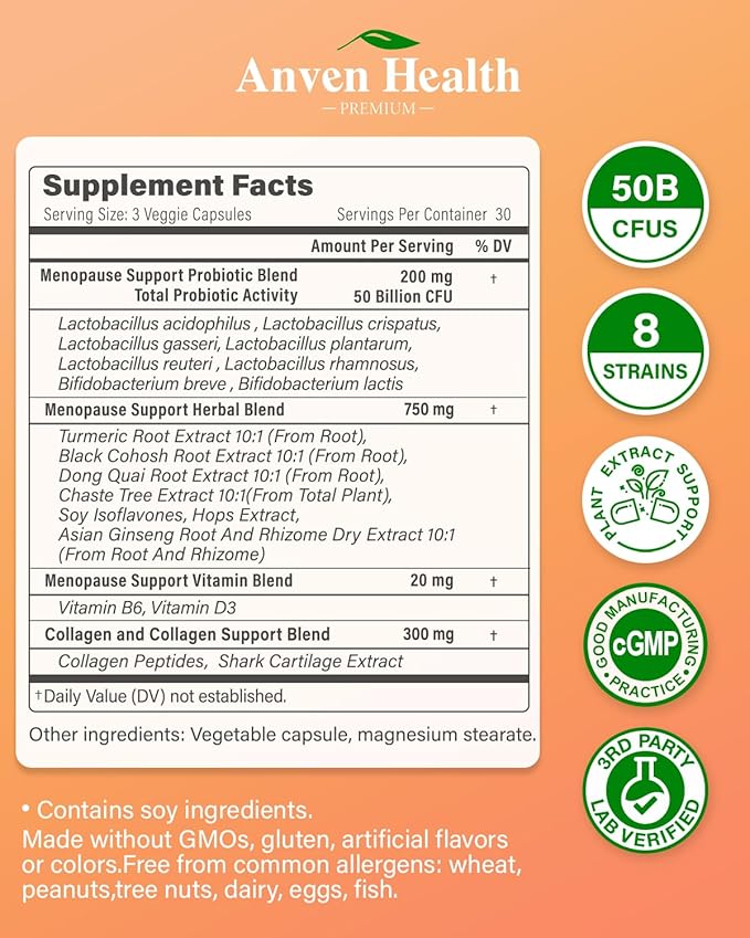 Menopause Supplements for Women Menopause Probiotics Relief, Supports Hot Flashes, Night Sweats, Bloating & Gut Health with Herbs, Collagen Peptides, Vitamin B6 & D3 | 180 Veggie Caps