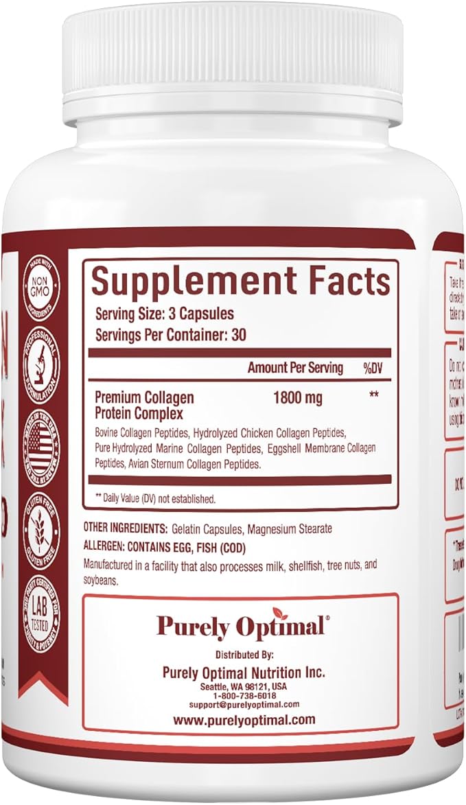 Purely Optimal Premium Multi Collagen Peptides Capsules (Types I, II, III, V, X) - Hair, Skin and Nails, Digestive & Joint Health Supplement, Hydrolyzed Collagen Pills (90 Capsules)