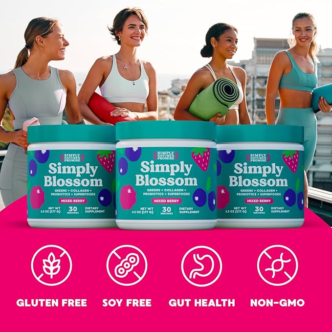 Simply Nature's Promise Blossom Nutrition - Daily Greens & Superfood Powder + Collagen + Probiotics for Women's Digestive Health & Bloating Relief. Help Your Health Bloom - 30 Day Supply