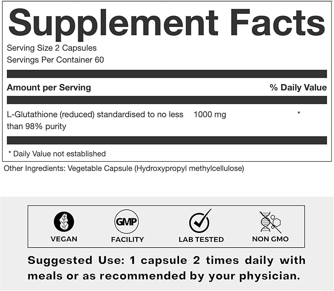 Ultra High Strength L-Glutathione 98% Supplement 500mg Concentrated 60 Capsules