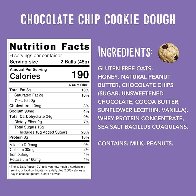 Whole Food Protein Balls with Probiotics - Chocolate Chip Cookie Dough Snacks - 8g Protein Snack - Gluten Free Energy Balls (1 Pack of 12 Balls)