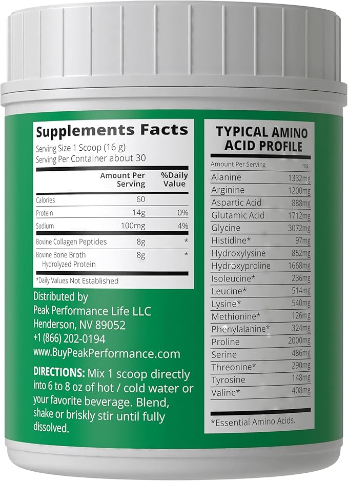 Peak Performance Hydrolyzed Bone Broth and Collagen Unflavored Protein Peptides Powder Contains All Collagen Types: 1, 2, and 3. Pure Pasture, Raised Grass Fed, Paleo Friendly, Gluten + Dairy Free