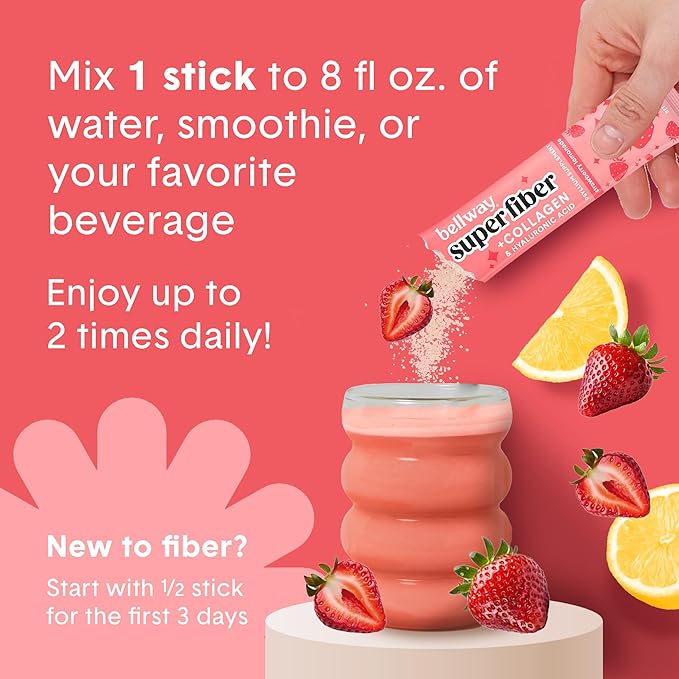 Bellway Super Fiber Packets + Collagen, Sugar-Free Psyllium Husk Powder with Collagen Peptides & Hyaluronic Acid for Gut Health, Healthy Skin, Nails, Bones & Joints, Strawberry Lemonade (10 Packets)