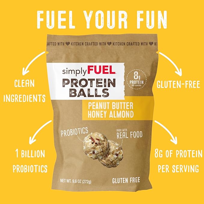 Whole Food Protein Balls with Probiotics - Peanut Butter Honey Almond Snacks - 8g Protein Snack - Gluten Free Energy Balls (1 Pack of 12 Balls)