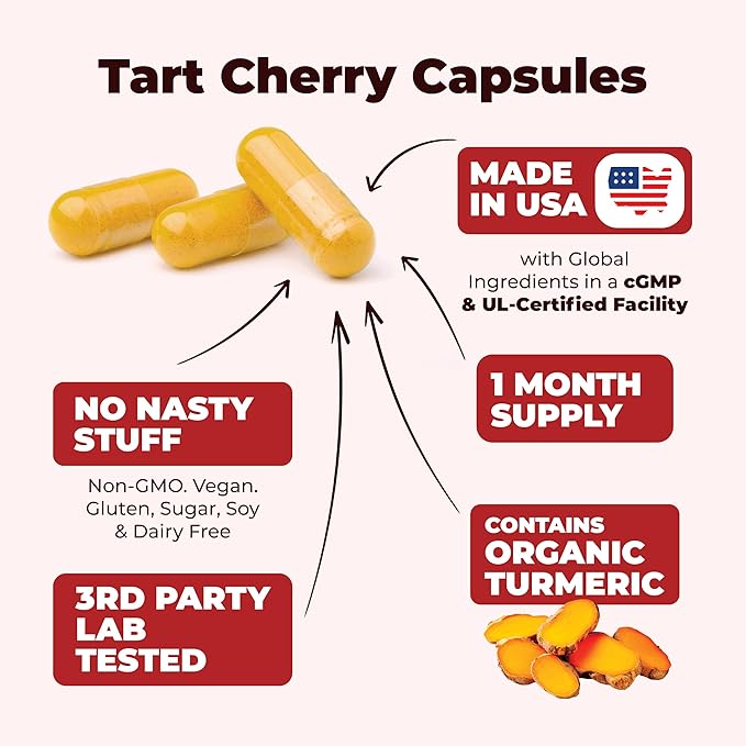 Turmeric Supplement with 10:1 Tart Cherry Extract, Turmeric Curcumin with Black Pepper & Organic Tumeric. 600mg Tart Cherry Capsules. Aids Uric Acid Balance, Joint, Muscle, Sleep Support. 60 Capsules