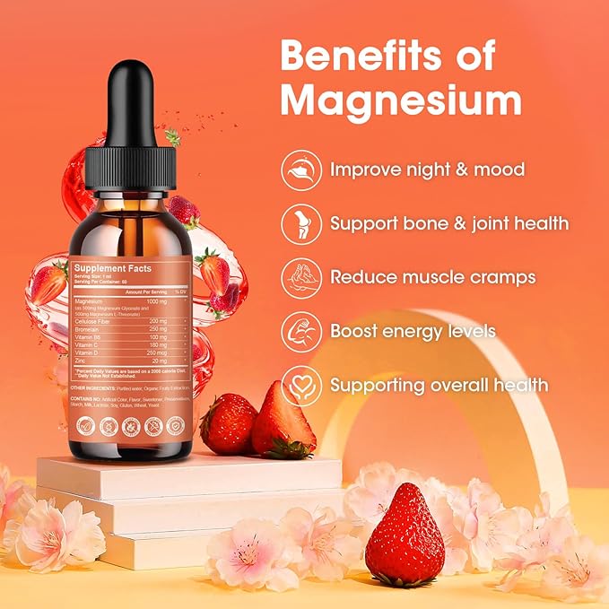 (2 Pack) Magnesium Glycinate Liquid Drops,1000 B6, C,