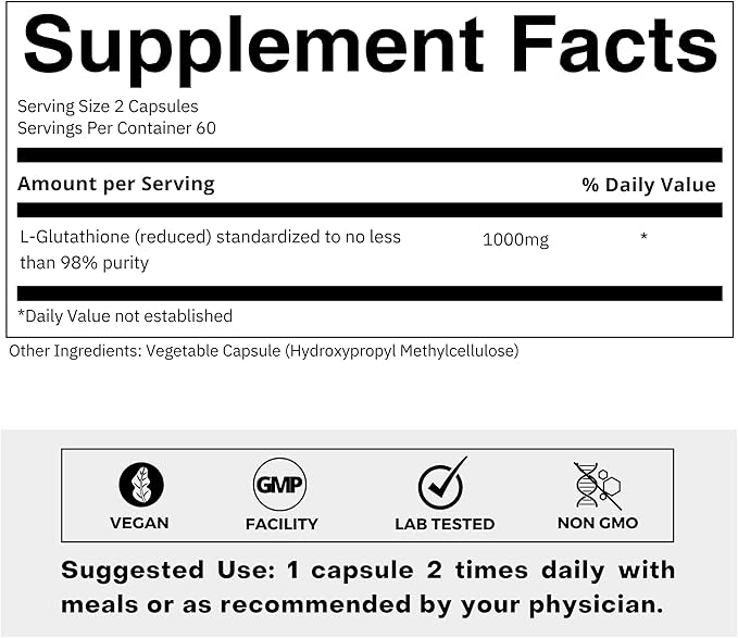Ultra High Strength L-Glutathione 98% Supplement 500mg Concentrated 120 Capsules