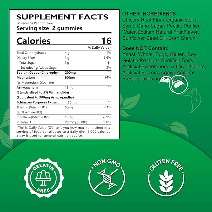 Chlorophyll Fiber Gummies 200mg +Ashwagandha, B1 B2 B2 for 2 Packs