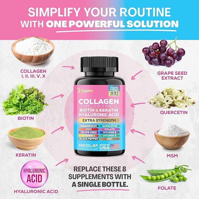 Zoyava Collagen Pills Peptides Types I, (180 Caps)