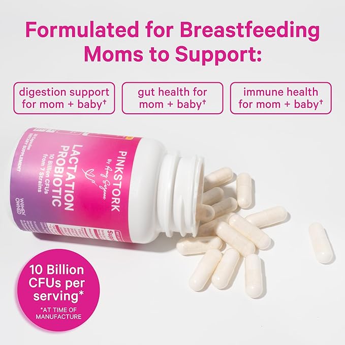 Pink Stork Lactation Probiotic - 10 Billion CFUs Multi Strain Postnatal Probiotics for Breastfeeding Women - Support Breast Milk & Gut Health, Postpartum Essentials, 60 Capsules