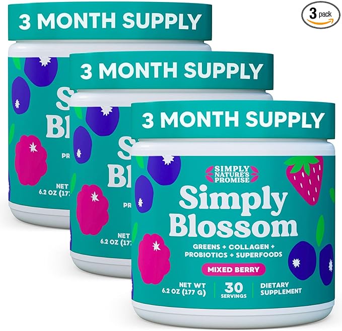 Simply Nature's Promise Blossom Nutrition - Daily Greens & Superfood Powder + Collagen + Probiotics for Women's Digestive Health & Bloating Relief. Help Your Health Bloom - 3 Month Supply