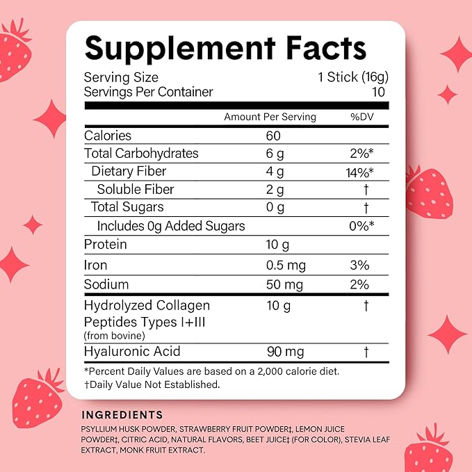 Bellway Super Fiber Packets + Collagen, Sugar-Free Psyllium Husk Powder with Collagen Peptides & Hyaluronic Acid for Gut Health, Healthy Skin, Nails, Bones & Joints, Strawberry Lemonade (10 Packets)