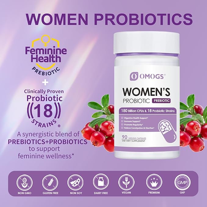 Women's Probiotic 180 Billion CFUs 18 Strains, with Organic Prebiotics, Cranberry Extract, D-Mannose & Digestive Enzymes, for Digestive, Boost Immune, PH Balance & Urethral Health, 90 Capsules