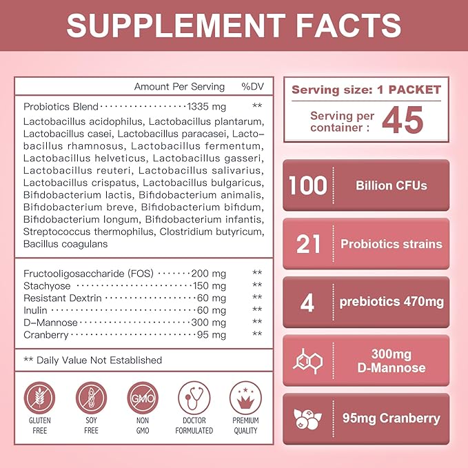 NATURE TARGET Probiotics-for-Women Prebiotics-and-Probiotics-Powder, 100-Billion-CFUs 45-Day-Supply, Women's-Probiotic with D-Mannose and Cranberry for Urinary Tract/Gut/Digestive Health