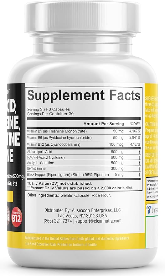 Alpha Lipoic Acid 600mg N-Acetyl Cysteine 600mg Acetyl 500mg Benfotiamine 300mg - B1, B6 B6 & B12 - 90 Caps