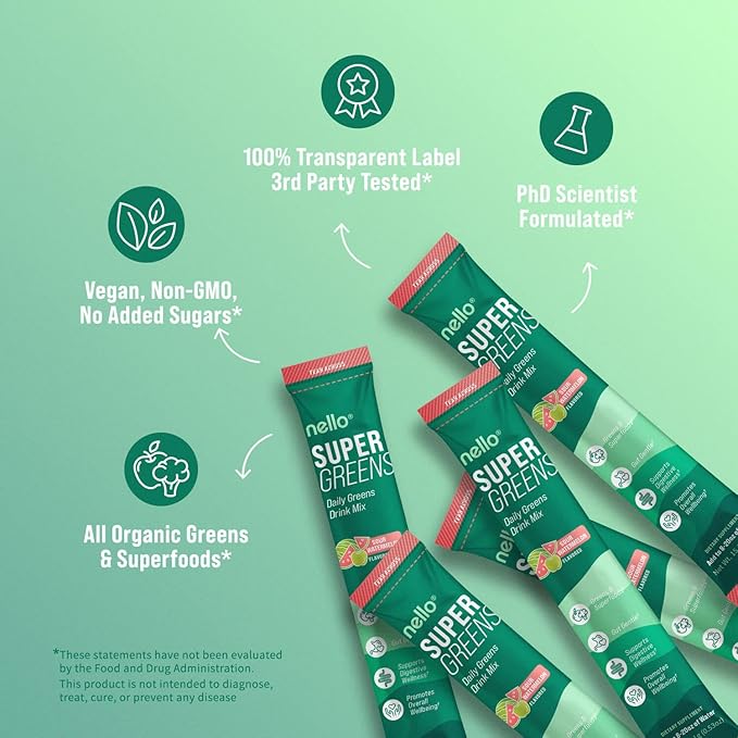 Nello Supergreens Premium Superfood Greens Drink Mix w/Chlorella, Moringa, Spinach & Broccoli + Digestive Enzymes & Probiotic Blend -Nutrient-Packed Powder Wellness (Watermelon 20 SRV, Travel Pack)