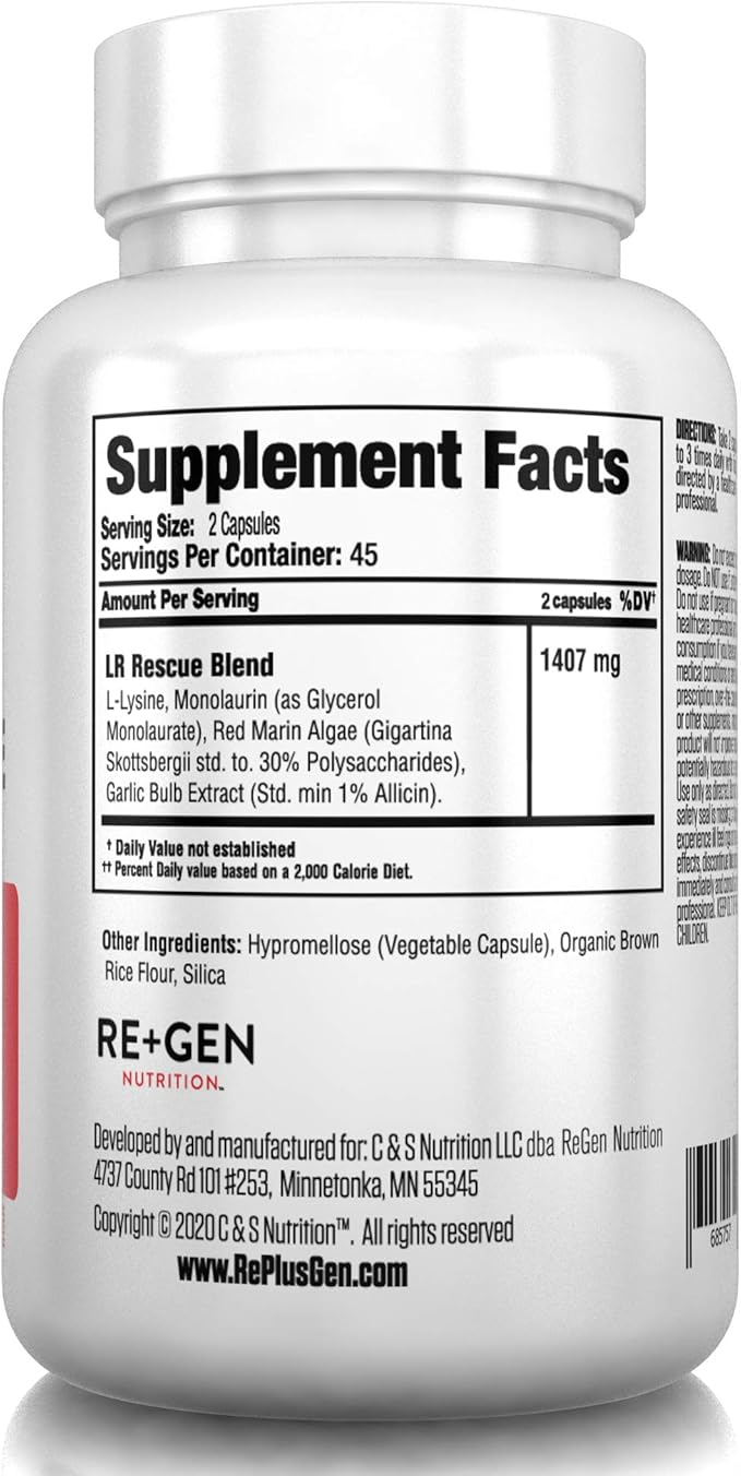 Re+Gen Nutrition Lysine Rescue, Amino Acid 90 Capsules, 45 Day
