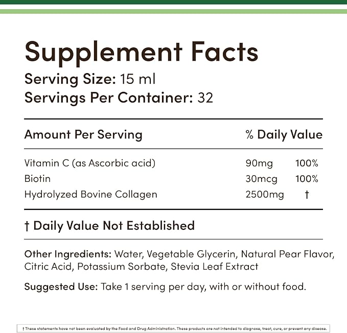 Double Wood Supplements Liquid Collagen - 2500mg of Hydrolyzed Bovine Collagen - 32 Servings - for Women and Men - 30 mcg of Biotin - Sugar Free Pear Flavor