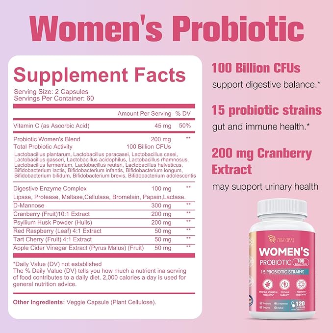 Probiotics for Women, 100 Billion CFU with Prebiotics, Digestive Enzymes, Cranberry Extract, Immune Support, Probiotic Regularity, Vaginal & Urinary Health, Women Probiotic 120 Capsules