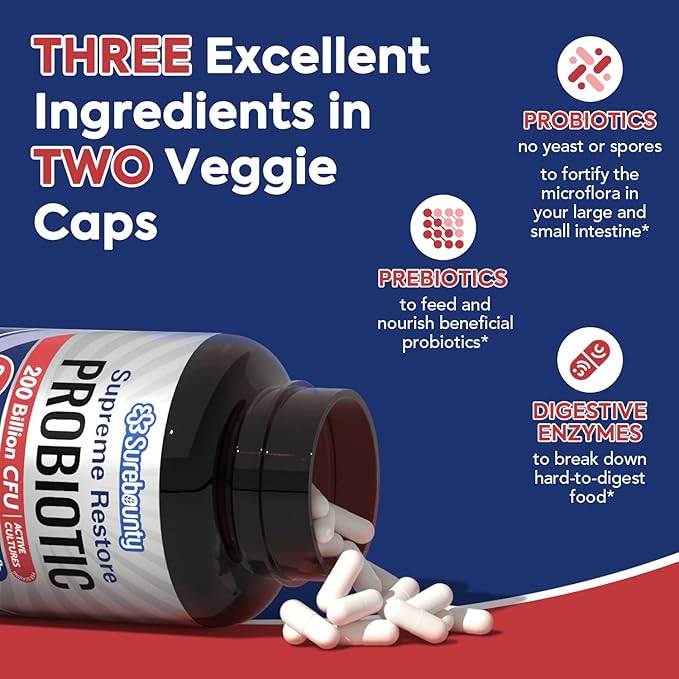Probiotic for Men & Women, 200 Billion CFU 35 Strains, Prebiotics + Digestive Enzymes, Supreme Restore Probiotic Supplement, Upper, Mid, Lower GI Tract Balance, 60 Veggie Capsules, 1 Month