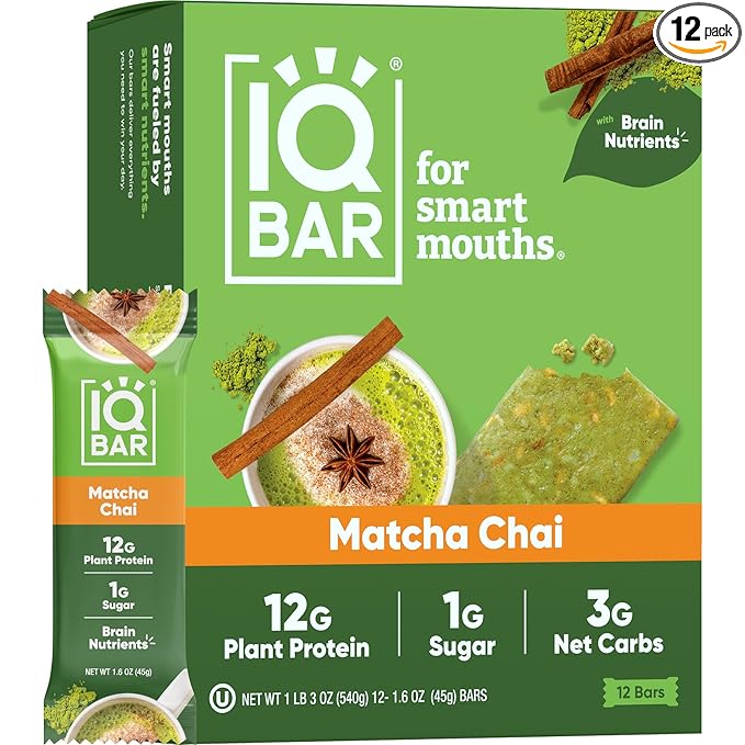 IQBAR Brain and Body Plant Protein Bars - Matcha Chai - 12-Count Low Carb - Gluten Free, High Fiber, Vegan Snacks - Low Sugar Meal Replacement