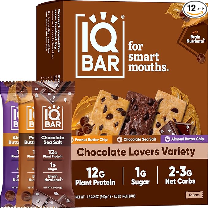 IQBAR Brain and Body Plant Protein Bars - Chocolate Lovers Variety - 12-Count Low Carb - Gluten Free, High Fiber, Vegan Snacks - Low Sugar Meal Replacement