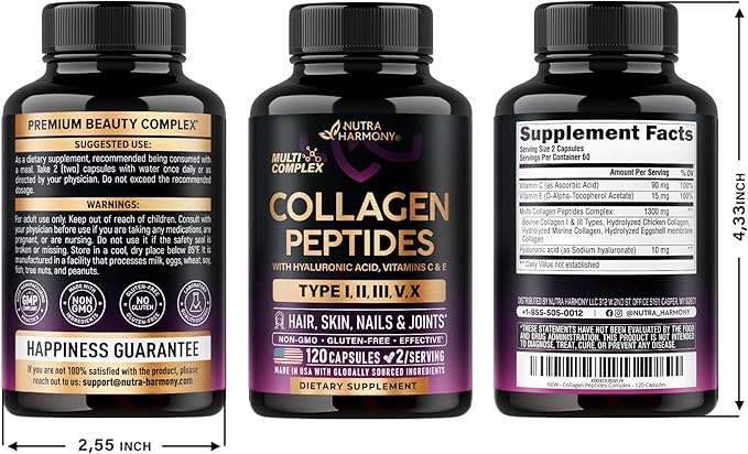 Multi Collagen Peptides - Hydrolyzed Types I, II, III, V & X - Collagen Supplement for Women 1300mg - w/ Hyaluronic Acid, Vitamins C & E - Skin, Hair, Nails & Joint Support - Made in USA, 120 Capsules