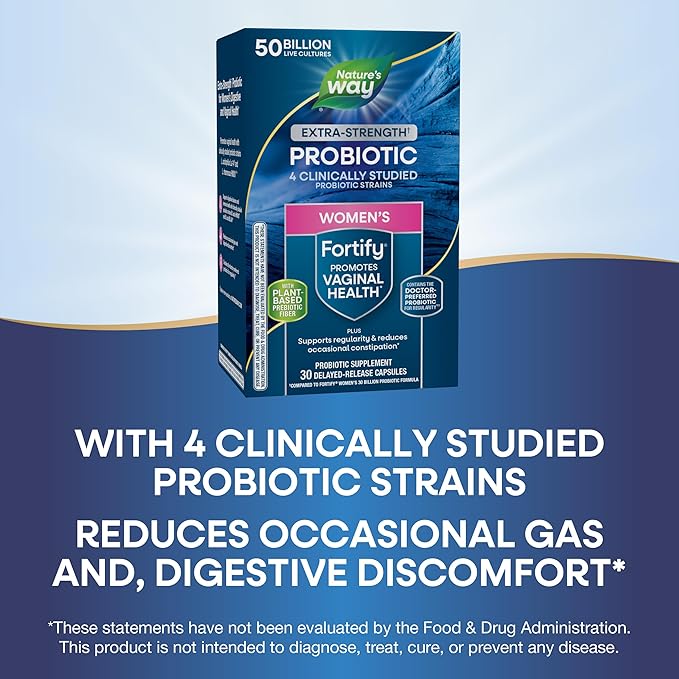 Nature's Way Women's Extra Strength** Fortify Probiotic, 50 Billion Live Cultures, Supports Digestive, Vaginal, & Immune Health*, Plant-Based Prebiotic Fiber, Non-GMO, 30 Capsules (Packaging May Vary)